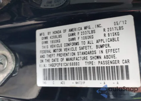 2012 Honda Accord 2.4 Se из США, поврежденный, VIN 1HGCP2F61CA168990